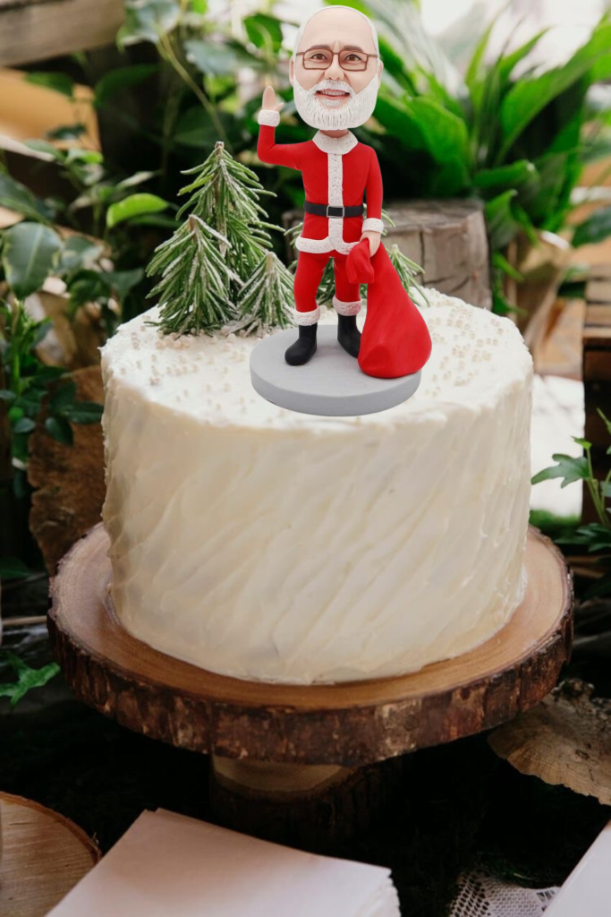 Santa Claus cake topper with the backdrop of pine trees