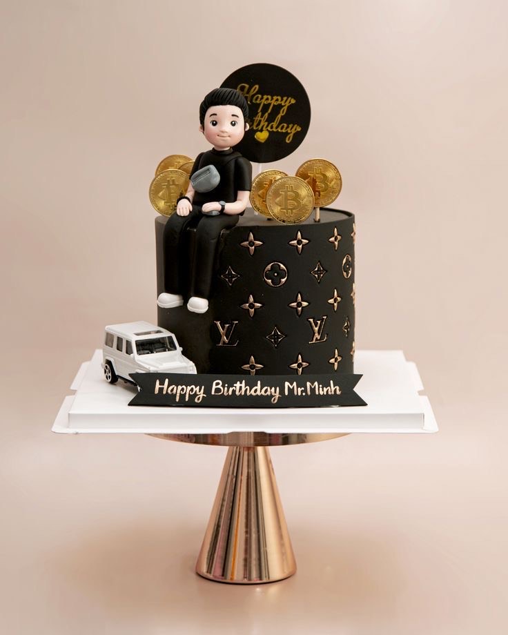 Louis Vuitton logo theme cake with Bitcoins and his mini figurine cake topper